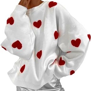 Women's Cute Valentine Heart Embroidery Knitted Loose Pullover Sweater